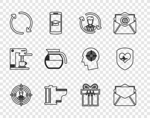 Sticker - Set line Head hunting, Mail and e-mail, Human resources, Camera film roll cartridge, Refresh, Coffee pot, Gift box and Shield heart rate icon. Vector