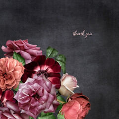 Wall Mural - Floral card with copy space. Pink roses, anemone, ranunculus on dark textured grange background. Bouquet of garden flowers.