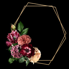 Wall Mural - Floral polygonal geometric frame isolated on black background. Pink roses, red anemone, ranunculus. For invitation, greeting, wedding card.
