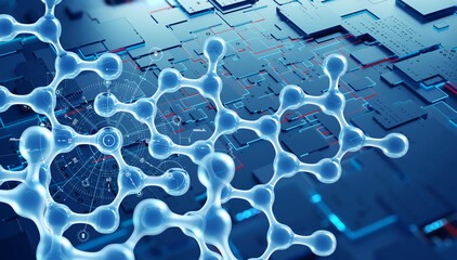 Wall Mural - Molecular technology 3D illustration. Computer circuit, nano structure, cyber research. Laboratory testing, virtual experience