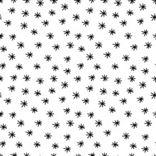Abstract Hand Drawn Seamless Pattern With Snowflake Shape Elements. Black And White Texture.