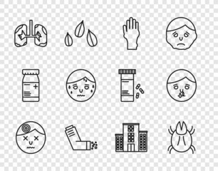 Wall Mural - Set line Man having headache, Parasite mite, Hand with psoriasis or eczema, Inhaler, Lungs, excessive sweating, Medical hospital building and Runny nose icon. Vector