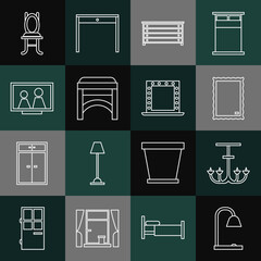 Poster - Set line Table lamp, Chandelier, Picture, Chest of drawers, Chair, frame on table, and Makeup mirror with lights icon. Vector