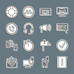 Sticker - Set line User manual, Check mark in circle, System bug concept, Mail and e-mail, Headphones, Phone call, Lifebuoy and Megaphone icon. Vector