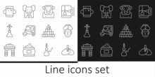 Set Line Indian Headgear Turban, Man, Monkey, Taxi Tuk Tuk, Hookah, Cup Of Tea And Leaf, Yagna And Elephant Icon. Vector
