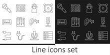 Set Line Music Playlist, Stereo Speaker, Man In Headphones, Sound Mixer Controller, Synthesizer, Microphone, Ear Listen Sound Signal And Drum Machine Icon. Vector