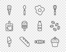 Set Line Ice Cream, Cake, Scrambled Eggs, French Baguette Bread, In Waffle Cone, Candy And Coffee Beans Icon. Vector
