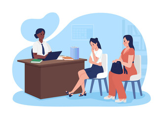 Aufkleber - bad behavior at school 2d vector isolated illustration. schoolgirl with mother talking with principa