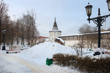 Wall Mural - Moscow, Russia - January 7, 2021: Walls and towers of Danilov Monastery and in a winter day