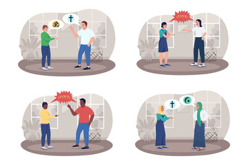 Poster - Conflict with parents 2D vector isolated illustration set. Upset teenager arguing with mother and father flat characters on cartoon background. Adolescence colourful scene collection