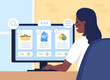 Searching for groceries online flat color vector illustration. Internet store for food. Ecommerce and retail website. Happy woman 2D cartoon character with computer display on background
