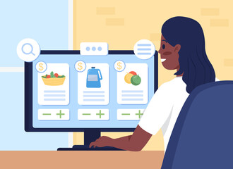 Poster - Searching for groceries online flat color vector illustration. Internet store for food. Ecommerce and retail website. Happy woman 2D cartoon character with computer display on background