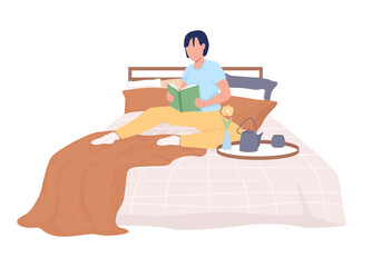 Poster - Person reading on bed semi flat color vector character. Posing figure. Full body person on white. Hygge lifestyle isolated modern cartoon style illustration for graphic design and animation