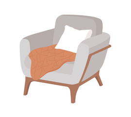 Poster - Comfortable armchair with pillow semi flat color vector item. Grey chair. Realistic object on white. Modern interior isolated modern cartoon style illustration for graphic design and animation