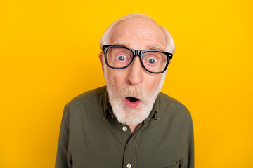 Sticker - Photo of astonished aged person open mouth look speechless camera isolated on yellow color background