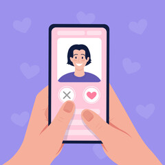 Fototapete - Scrolling through profiles on dating app flat color vector illustration. Searching for potential mate on dating site. Finding perfect match 2D cartoon first view hand with abstract background