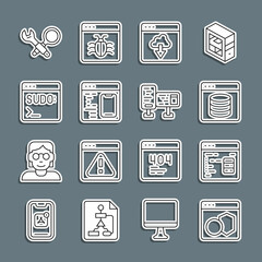 Set line Software, Server, Data, Web Hosting, Cloud technology data transfer, Code terminal, Debugging and Computer monitor screen icon. Vector