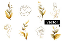 Set Of Herbal Branches. Clear Vector Brown And Gold Leaves, And Flowers.