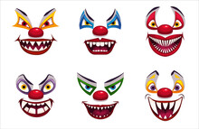 Creepy Clown Faces. Isolated On White. Scary Circus Concept. Vector Illustration EPS10