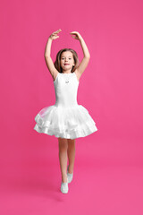 Sticker - Cute little girl in white dress dancing on pink background