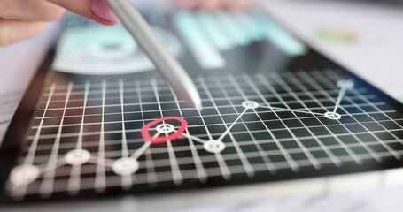 Businesswoman marks positive and negative business indicators with stylus