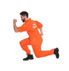 Wall Mural - Prisoner in special jumpsuit on white background