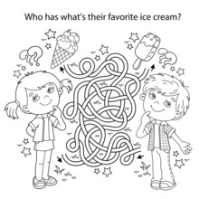 Maze Or Labyrinth Game. Puzzle. Tangled Road. Coloring Page Outline Of Cartoon Children With Sweets.  Where Is Whose Ice Cream? Coloring Book For Kids.