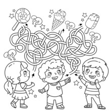Maze Or Labyrinth Game. Puzzle. Tangled Road. Coloring Page Outline Of Cartoon Children With Sweets. Coloring Book For Kids.
