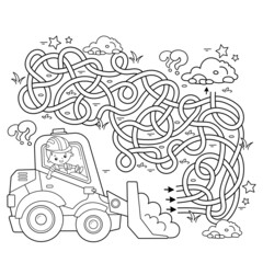 Wall Mural - Maze or Labyrinth Game. Puzzle. Tangled road. Coloring Page Outline Of cartoon bulldozer. Construction vehicles. Profession. Coloring book for kids.