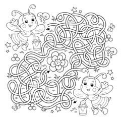 Poster - Maze or Labyrinth Game. Puzzle. Tangled road. Coloring Page Outline Of cartoon little bees with bucket of honey. Coloring book for kids.