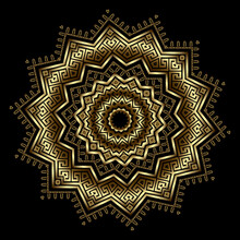 Ethnic Greek Zigzag 3d Mandala Pattern. Ornamental Colorful Background. Repeat Tribal Backdrop. Geometric Elegant Fractal Gold Ornament. Abstract Shapes, Circles, Frames, Borders, Greek Key, Meanders