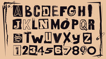 Punk Typography Vector Alphabet And Numbers. Type Specimen Set For Grunge Font Flyers And Posters Or Ransom Note Style Designs.