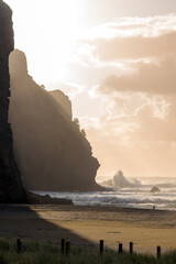 Canvas Print - waves crashing in Piha beach cove with Camel Rock in background