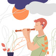 boy with cochlear implant playing flute. Social integration of people with hearing problems.