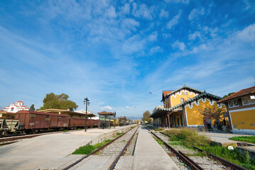 Sticker - Greece, Volos Railway Station, Vintage Architecture. emblematic building of the city of Volos