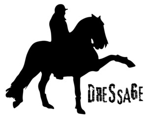 Wall Mural - Black and white vector flat illustration: elegant dressage horse and rider silhouette