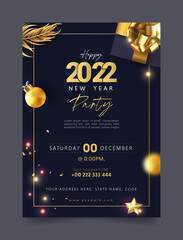 Wall Mural - Happy New Year party invitation flyer poster or web banner template with black background and gold text