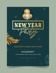 Wall Mural - party invitation flyer, poster or web banner template for Happy New Year 2022 with green background and gold balloon leaf and text