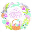 Happy Easter greeting card with hand drawn spring plants, eggs and bunny in pastel colors