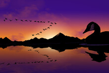 Canada Geese Are Seen During Migration Flying In A V-formation Over A Mountain Lake At Sunset Or Sunrise In A 3-d Illustration.