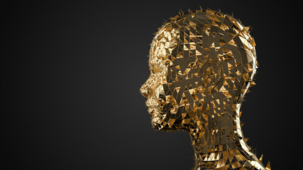 3d illustration of triangulated polygonal wireframe female head, portrait, profile, gold metallic