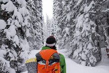 Male Skier With Backpack Among Snow Covered Trees In Winter Woods