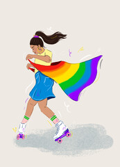 Wall Mural - woman with pride flag on roller skates