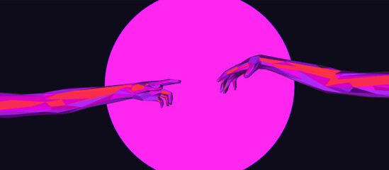 Aufkleber - Vector 3D model of hands going to touch together, reminiscent of Michelangelo's artwork. Cyberpunk and vaporwave style art collage.