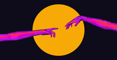 Aufkleber - Vector 3D model of hands going to touch together, reminiscent of Michelangelo's artwork. Cyberpunk and vaporwave style art collage.