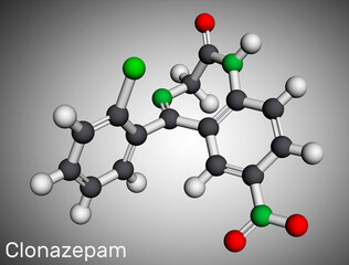 Poster - Clonazepam molecule. It is is benzodiazepine, anticonvulsant, used to treat panic disorders, severe anxiety, seizures. Molecular model. 3D rendering.