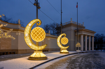 New Year's and Christmas light sculptures on the square at the Main entrance of VDNKh, Moscow, Russian Federation, December 04, 2021