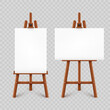 © 32 pixels - Realistic paint desk with blank white canvas. Wooden easel and a sheet of drawing paper. Presentation board on a tripod. Artwork mockup, template. Vector illustration