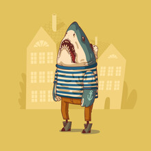 Sailor Shark, Vector Illustration. Anthropomorphic Shark, With Massive Arms And Anchor Tattoo, In Sailor's Uniform, Standing Against Buildings' Silhouettes. Quirky Animal Character With Human Body
