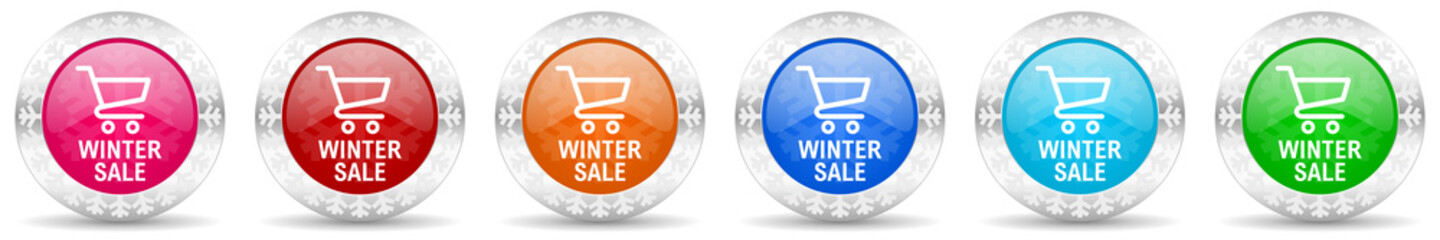 Poster - Winter sale icon set in 6 color options. Christmas design glossy web buttons. Business concept illustration with snowflakes.